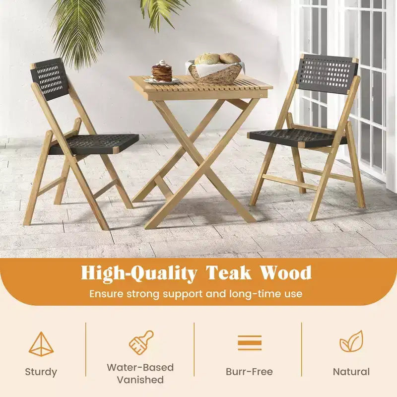 Costway Sedie Pieghevoli da Esterno 2/4 Pezzi con Sedile in Corda Intrecciata e Schienale Alto, in Legno di Teak Indonesiano, per Portico, Naturale&Nero