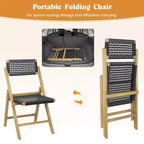 Costway Sedie Pieghevoli da Esterno 2/4 Pezzi con Sedile in Corda Intrecciata e Schienale Alto, in Legno di Teak Indonesiano, per Portico, Naturale&Nero