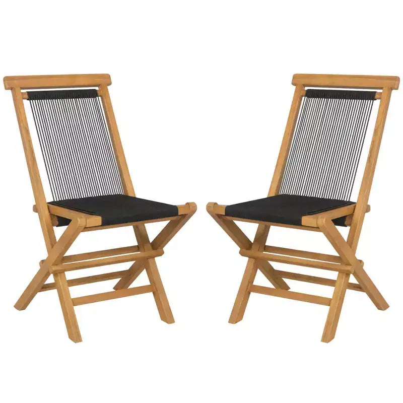 Costway 2/4 PCS Patio Folding Chairs with Woven Rope Seat & Back Indonesia Teak Wood for Porch Natural&Black