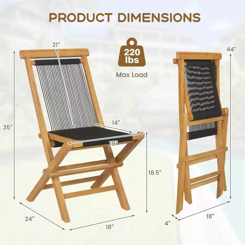 Costway 2/4 PCS Patio Folding Chairs with Woven Rope Seat & Back Indonesia Teak Wood for Porch Natural&Black