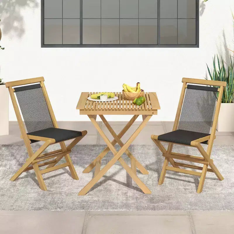 Costway 2/4 PCS Patio Folding Chairs with Woven Rope Seat & Back Indonesia Teak Wood for Porch Natural&Black