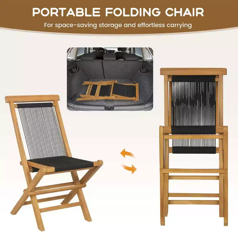 Costway 2/4 PCS Patio Folding Chairs with Woven Rope Seat & Back Indonesia Teak Wood for Porch Natural&Black