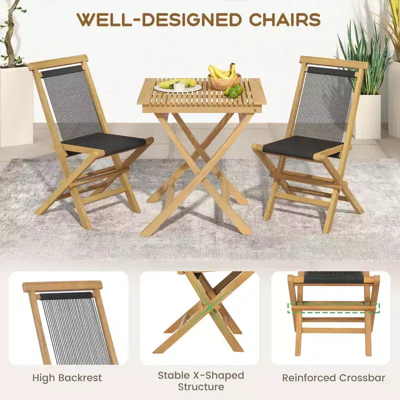 Costway 2/4 PCS Patio Folding Chairs with Woven Rope Seat & Back Indonesia Teak Wood for Porch Natural&Black