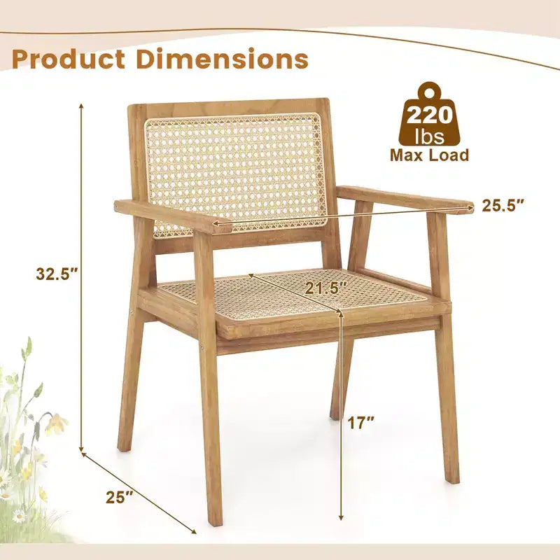 Costway 1/2 PCS Wood Chair Indonesia Teak Wood Armchair with Natural Rattan Seat & Back Patio Chair for Porch