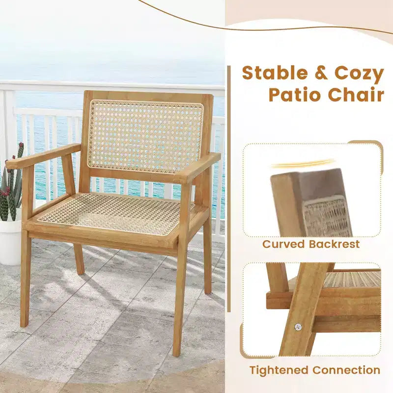Costway 1/2 PCS Wood Chair Indonesia Teak Wood Armchair with Natural Rattan Seat & Back Patio Chair for Porch