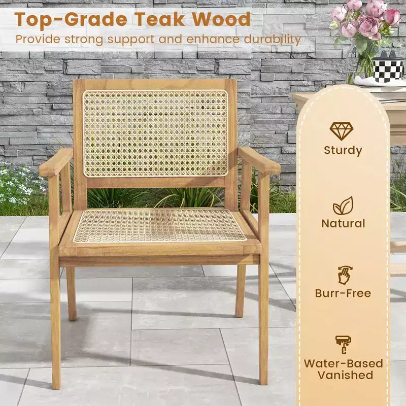 Costway 1/2 PCS Wood Chair Indonesia Teak Wood Armchair with Natural Rattan Seat & Back Patio Chair for Porch
