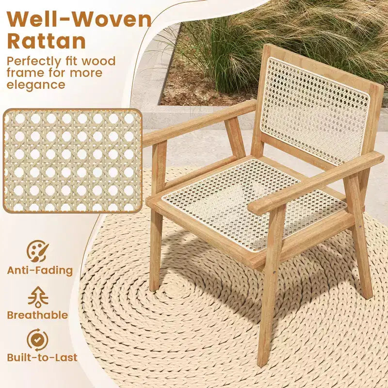 Costway 1/2 PCS Wood Chair Indonesia Teak Wood Armchair with Natural Rattan Seat & Back Patio Chair for Porch