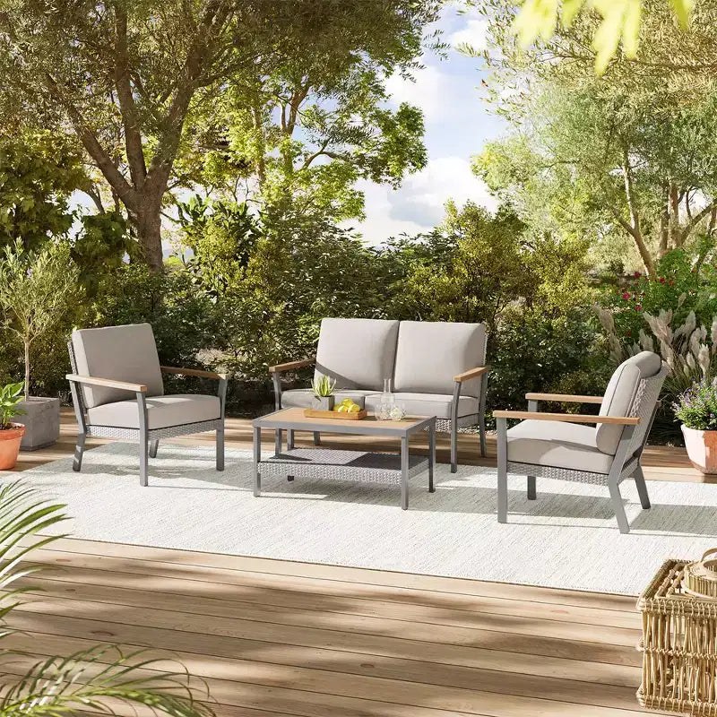 SONGMICS HOME Collezione Sencillo - Divanetto, Divano a 2 Posti, Poltrona, Poltrona da Patio, con Braccioli in Finto Legno, Grigio e Beige
