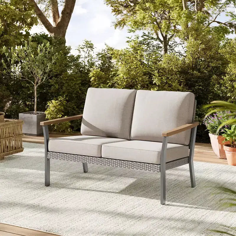 SONGMICS HOME Collezione Sencillo - Divanetto, Divano a 2 Posti, Poltrona, Poltrona da Patio, con Braccioli in Finto Legno, Grigio e Beige