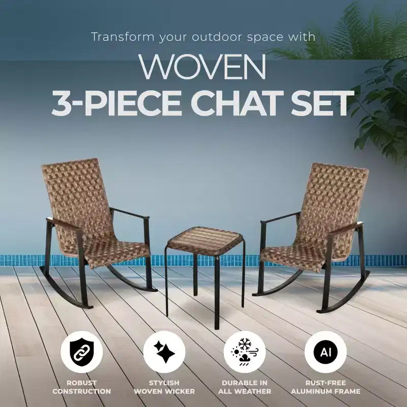 Four Seasons Courtyard Bayside 3 Piece All Weather Outdoor Wicker Woven Chat Furniture Set with 2 Rocking Chairs and Table, Brown