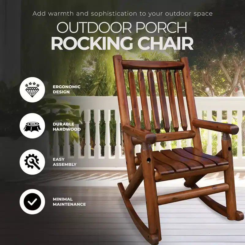 Leigh Country Porch Rocking Chair with Z Frame Design, Clear Coat of Varnish, and Contoured Seating for Patio Rocking Chairs, Brown