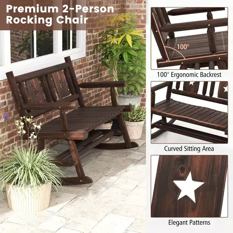 Costway 1/2 PEZZI Panca Dondolo da Giardino in Legno Carbonizzato Sedia a Dondolo Doppia con Seduta Ergonomica Rustico