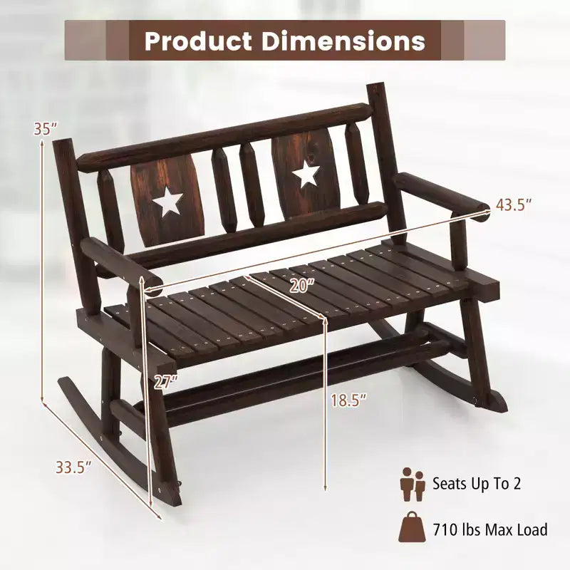 Costway 1/2 PEZZI Panca Dondolo da Giardino in Legno Carbonizzato Sedia a Dondolo Doppia con Seduta Ergonomica Rustico