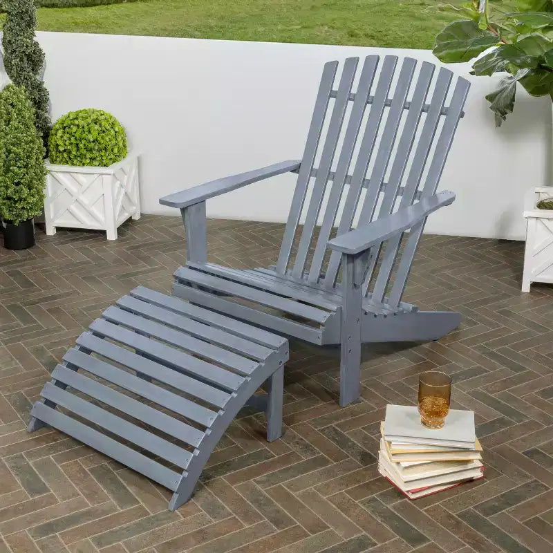Saranac 2-Piece Traditional Rustic Acacia Wood Adirondack Chair with Detachable Ottoman- JONATHAN Y