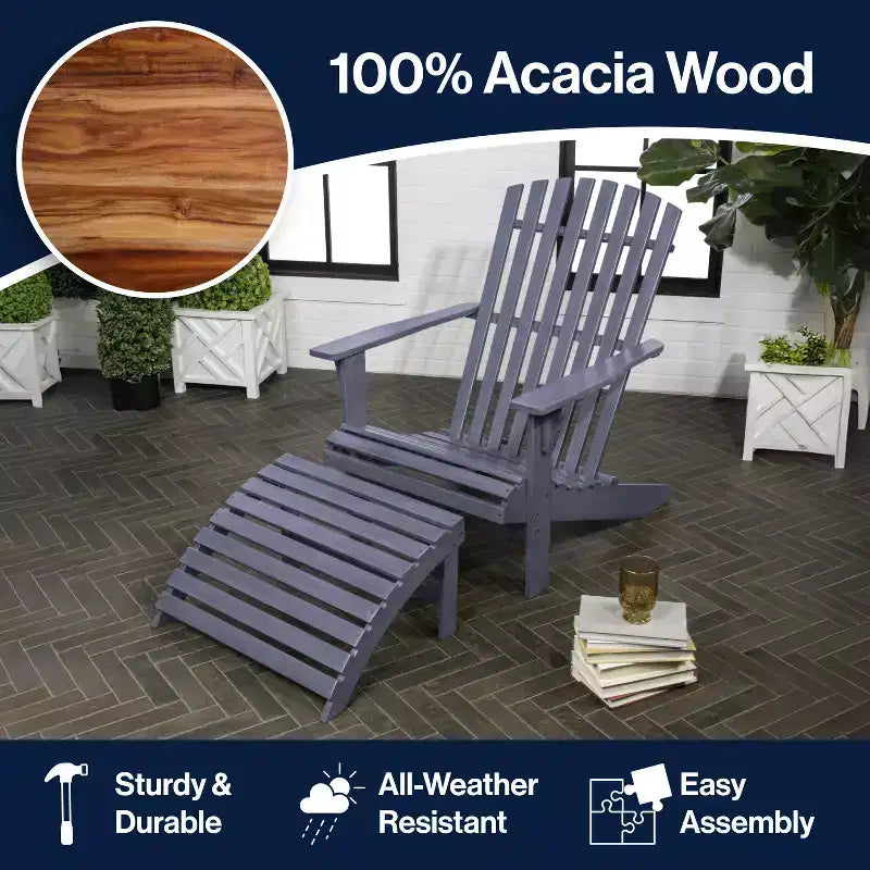Saranac 2-Piece Traditional Rustic Acacia Wood Adirondack Chair with Detachable Ottoman- JONATHAN Y