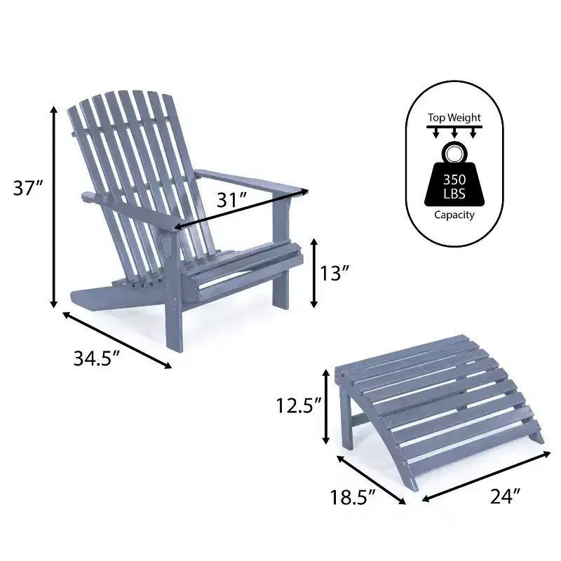 Saranac 2-Piece Traditional Rustic Acacia Wood Adirondack Chair with Detachable Ottoman- JONATHAN Y