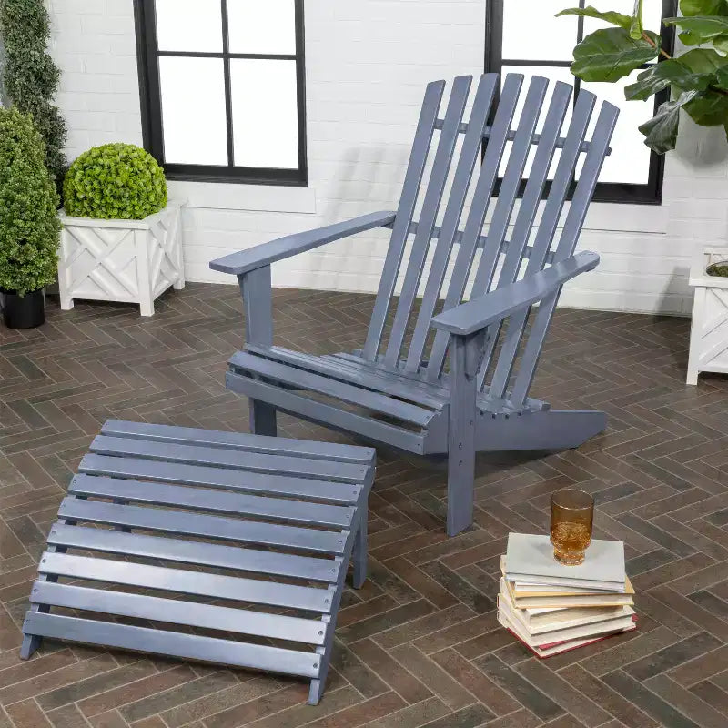 Saranac 2-Piece Traditional Rustic Acacia Wood Adirondack Chair with Detachable Ottoman- JONATHAN Y