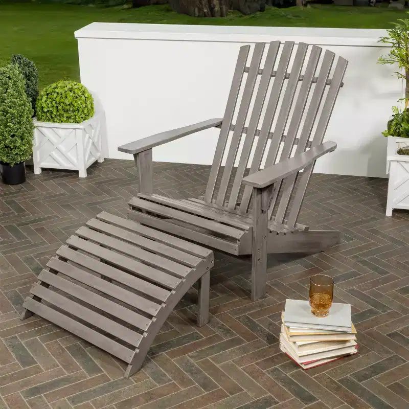 Saranac 2-Piece Traditional Rustic Acacia Wood Adirondack Chair with Detachable Ottoman- JONATHAN Y