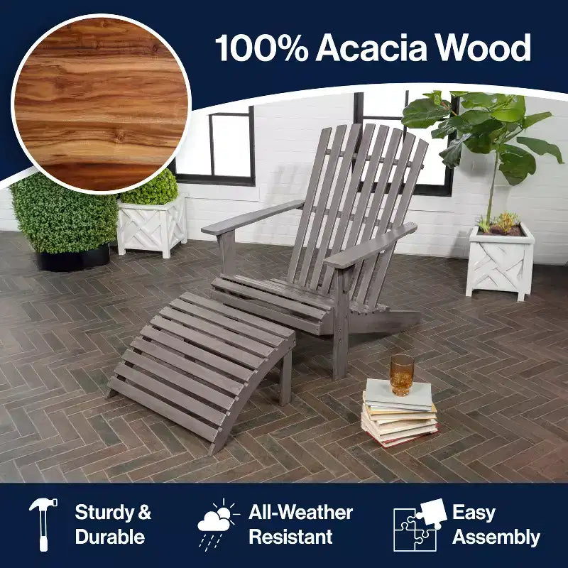 Saranac 2-Piece Traditional Rustic Acacia Wood Adirondack Chair with Detachable Ottoman- JONATHAN Y