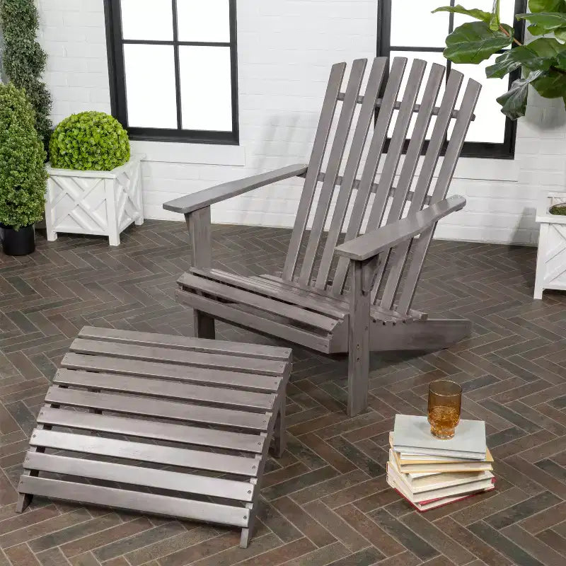 Saranac 2-Piece Traditional Rustic Acacia Wood Adirondack Chair with Detachable Ottoman- JONATHAN Y