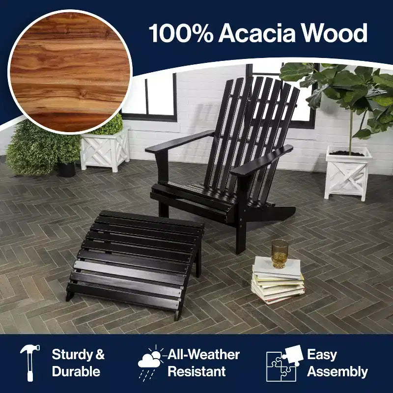Saranac 2-Piece Traditional Rustic Acacia Wood Adirondack Chair with Detachable Ottoman- JONATHAN Y
