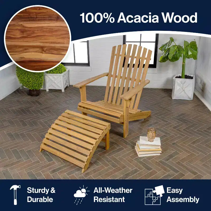 Saranac 2-Piece Traditional Rustic Acacia Wood Adirondack Chair with Detachable Ottoman- JONATHAN Y
