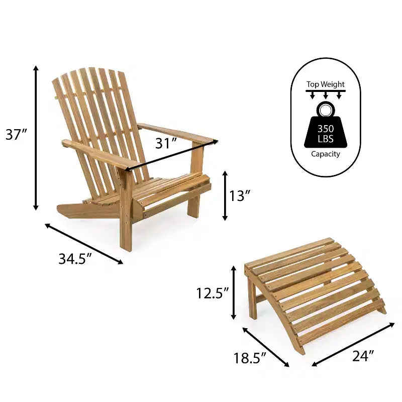 Saranac 2-Piece Traditional Rustic Acacia Wood Adirondack Chair with Detachable Ottoman- JONATHAN Y