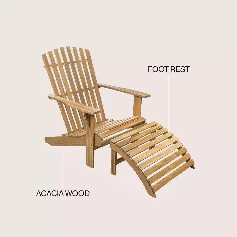 Saranac 2-Piece Traditional Rustic Acacia Wood Adirondack Chair with Detachable Ottoman- JONATHAN Y