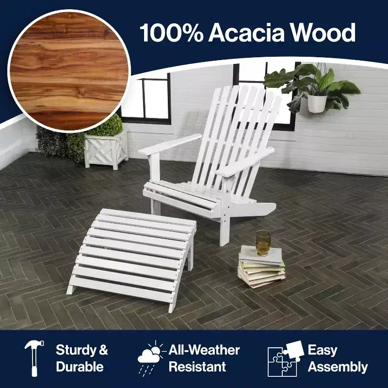 Saranac 2-Piece Traditional Rustic Acacia Wood Adirondack Chair with Detachable Ottoman- JONATHAN Y
