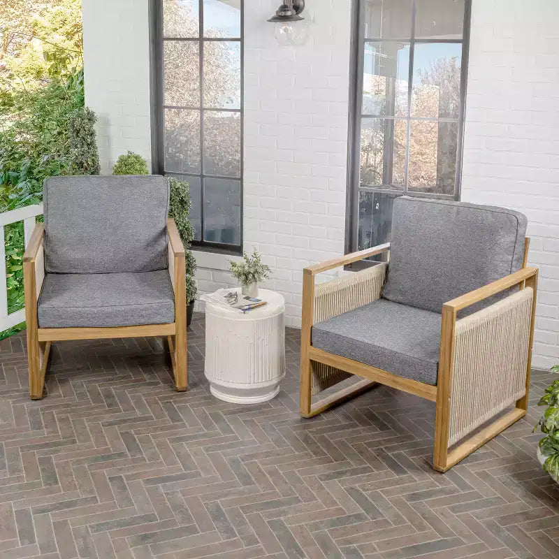 Gable Mid-Century Modern Roped Acacia Wood Outdoor Patio Chair with Cushions (Set of 2) - JONATHAN Y
