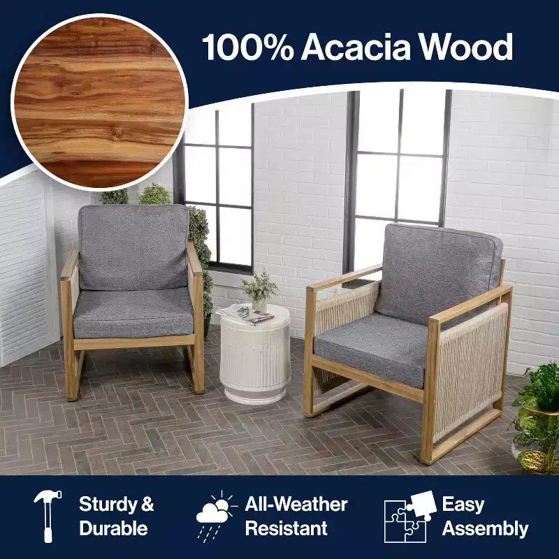 Gable Mid-Century Modern Roped Acacia Wood Outdoor Patio Chair with Cushions (Set of 2) - JONATHAN Y