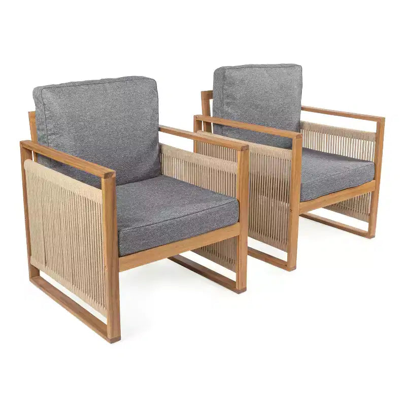Gable Mid-Century Modern Roped Acacia Wood Outdoor Patio Chair with Cushions (Set of 2) - JONATHAN Y