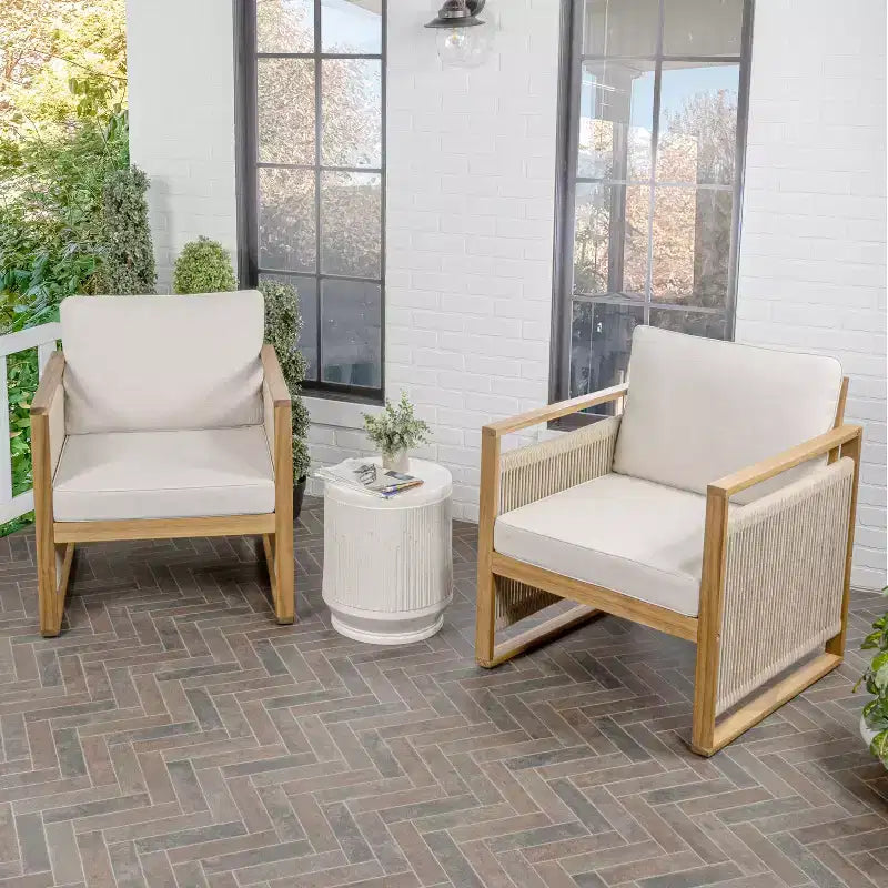 Gable Mid-Century Modern Roped Acacia Wood Outdoor Patio Chair with Cushions (Set of 2) - JONATHAN Y