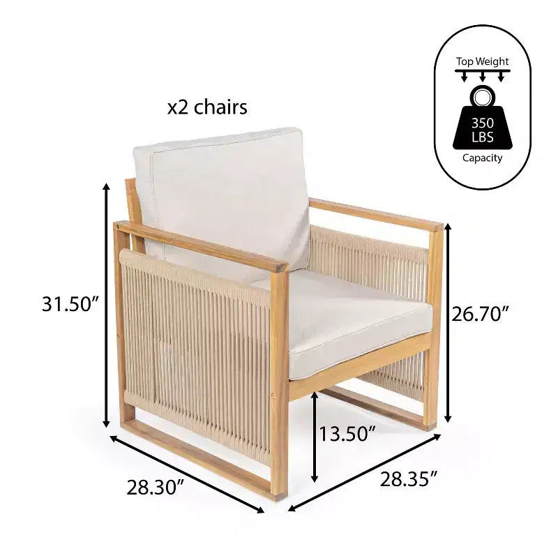 Gable Mid-Century Modern Roped Acacia Wood Outdoor Patio Chair with Cushions (Set of 2) - JONATHAN Y