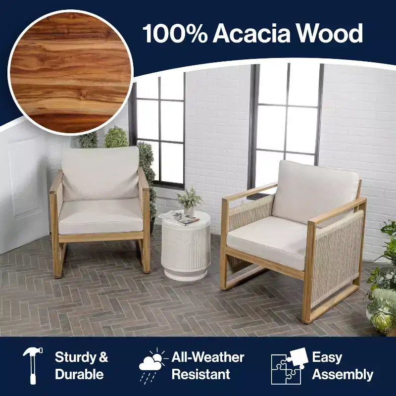 Gable Mid-Century Modern Roped Acacia Wood Outdoor Patio Chair with Cushions (Set of 2) - JONATHAN Y