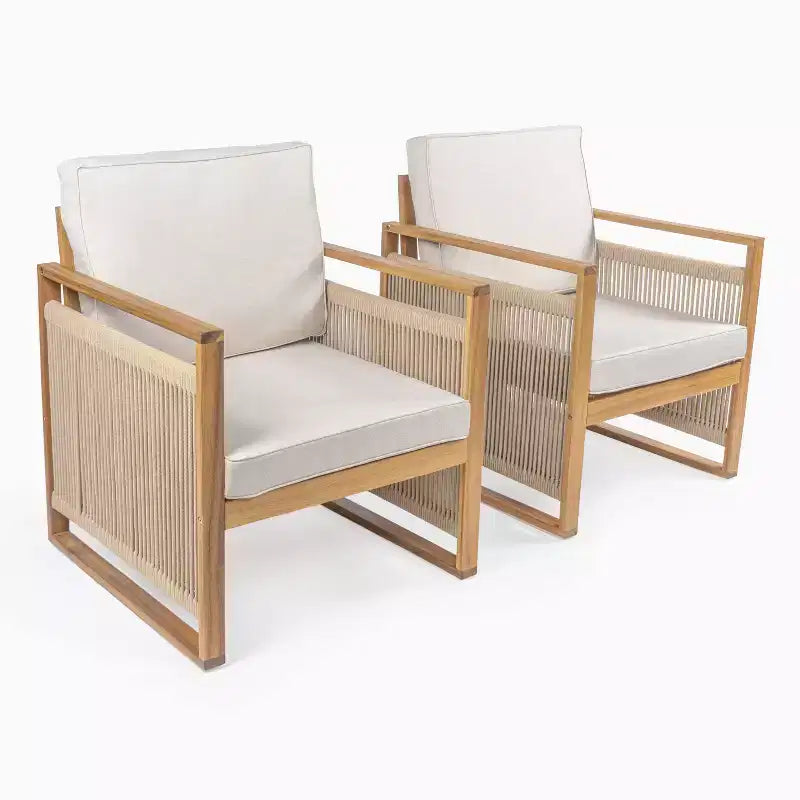 Gable Mid-Century Modern Roped Acacia Wood Outdoor Patio Chair with Cushions (Set of 2) - JONATHAN Y