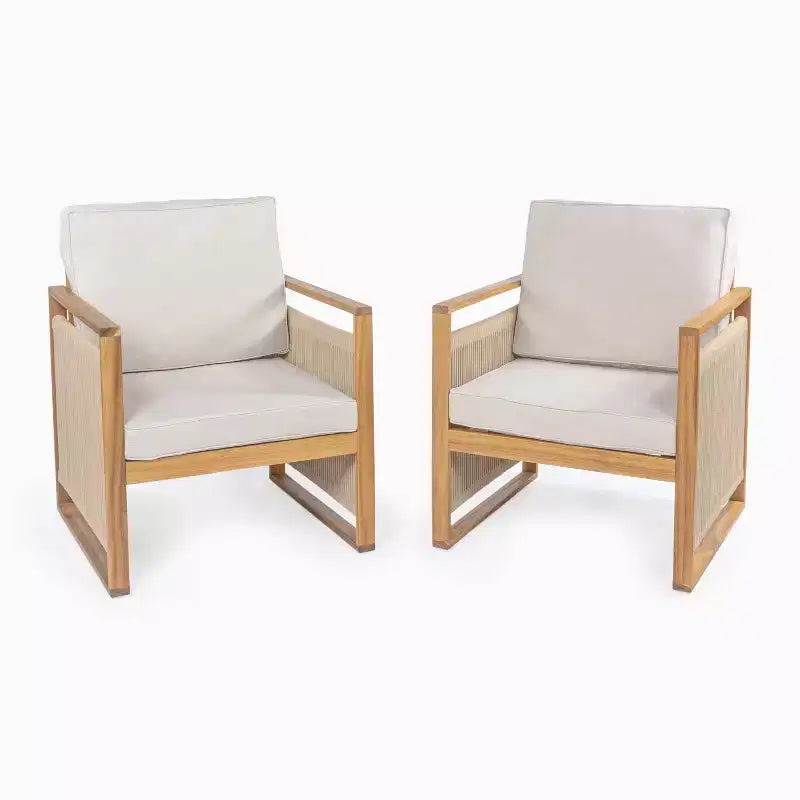 Gable Mid-Century Modern Roped Acacia Wood Outdoor Patio Chair with Cushions (Set of 2) - JONATHAN Y