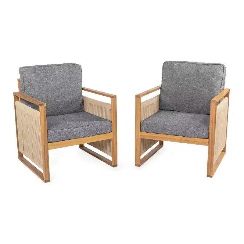 Gable, sedia da esterno Mid-Century moderna in legno di acacia con corde e cuscini (set da 2) - JONATHAN Y