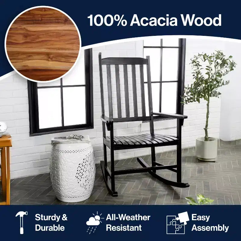 Seagrove Farmhouse Classic Slat-Back 350-LBS Support Acacia Wood Outdoor Rocking Chair- JONATHAN Y