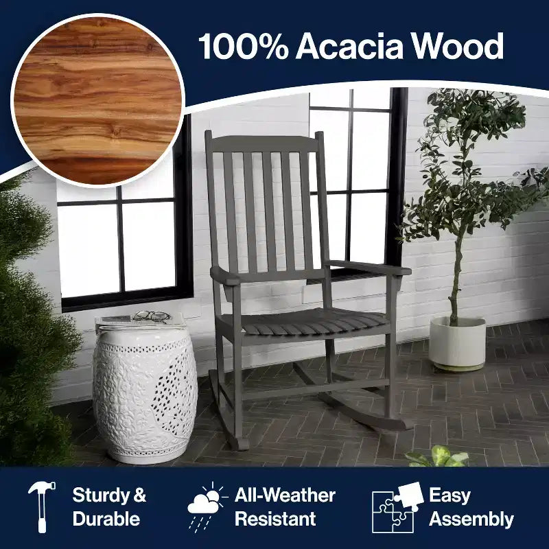 Seagrove Farmhouse Classic Slat-Back 350-LBS Support Acacia Wood Outdoor Rocking Chair- JONATHAN Y