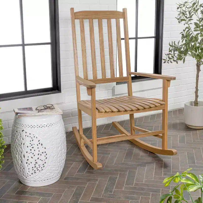 Seagrove Farmhouse Classic Slat-Back 350-LBS Support Acacia Wood Outdoor Rocking Chair- JONATHAN Y