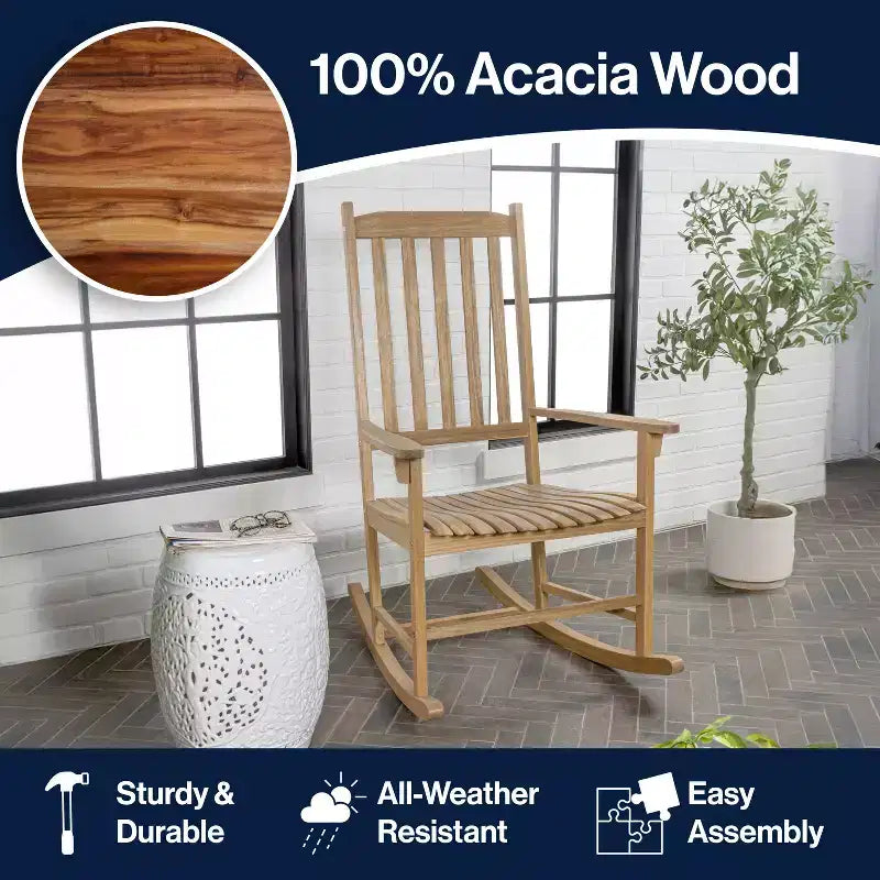 Seagrove Farmhouse Classic Slat-Back 350-LBS Support Acacia Wood Outdoor Rocking Chair- JONATHAN Y