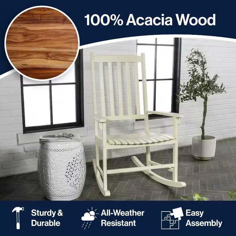 Seagrove Farmhouse Classic Slat-Back 350-LBS Support Acacia Wood Outdoor Rocking Chair- JONATHAN Y