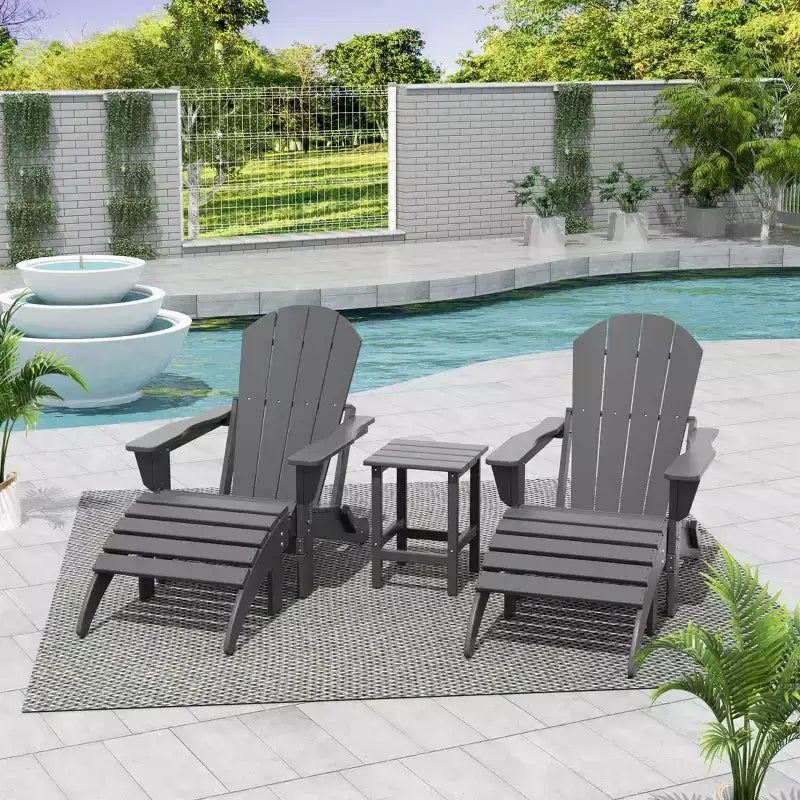 WestinTrends Malibu HDPE Outdoor Patio Folding Poly Adirondack Chairs with Ottomans and Side Table (5-Piece Conversation Set)
