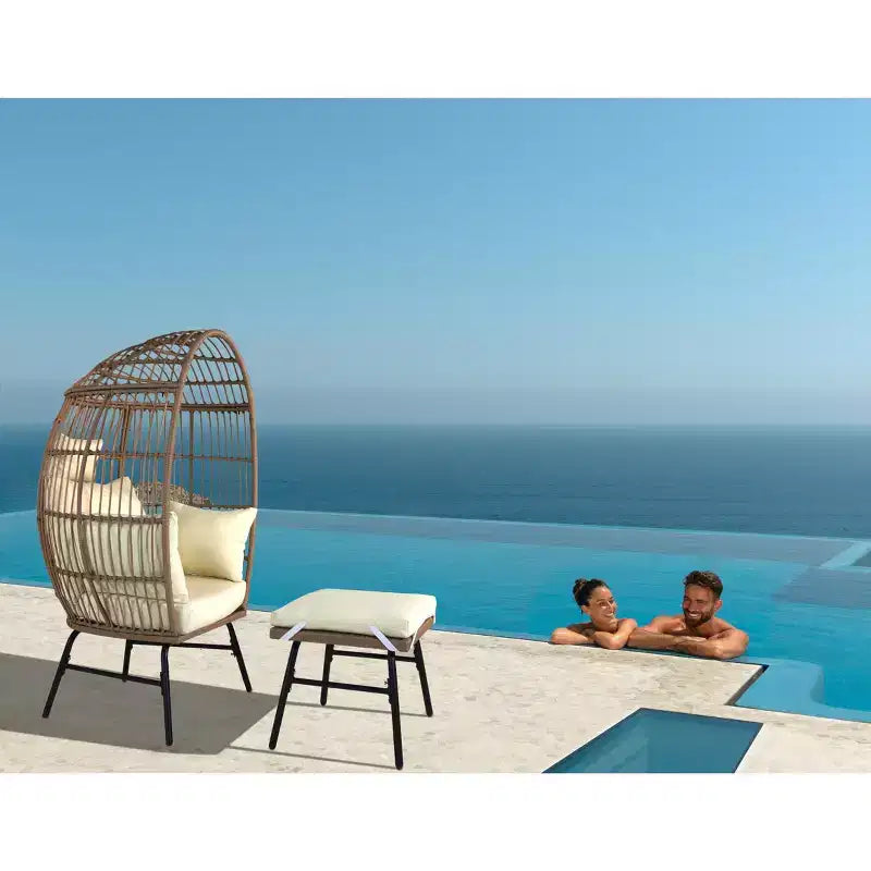 Outdoor Patio Wicker Egg Chair with Footstool 4W, Gray Blue/Beige -ModernLuxe