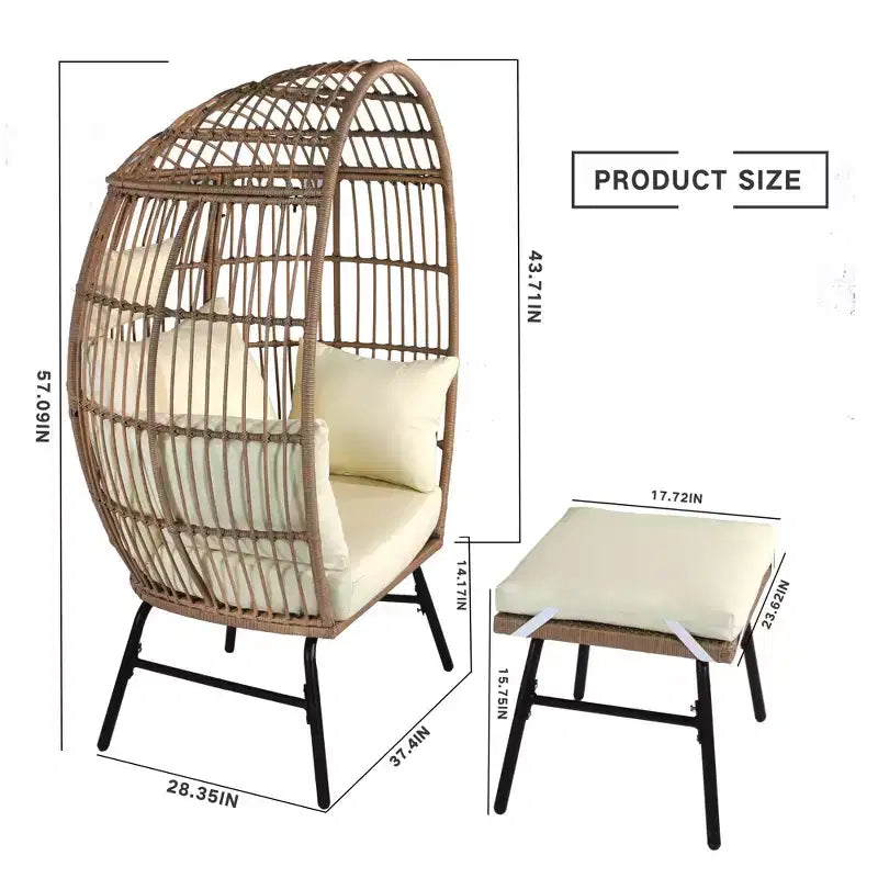 Outdoor Patio Wicker Egg Chair with Footstool 4W, Gray Blue/Beige -ModernLuxe