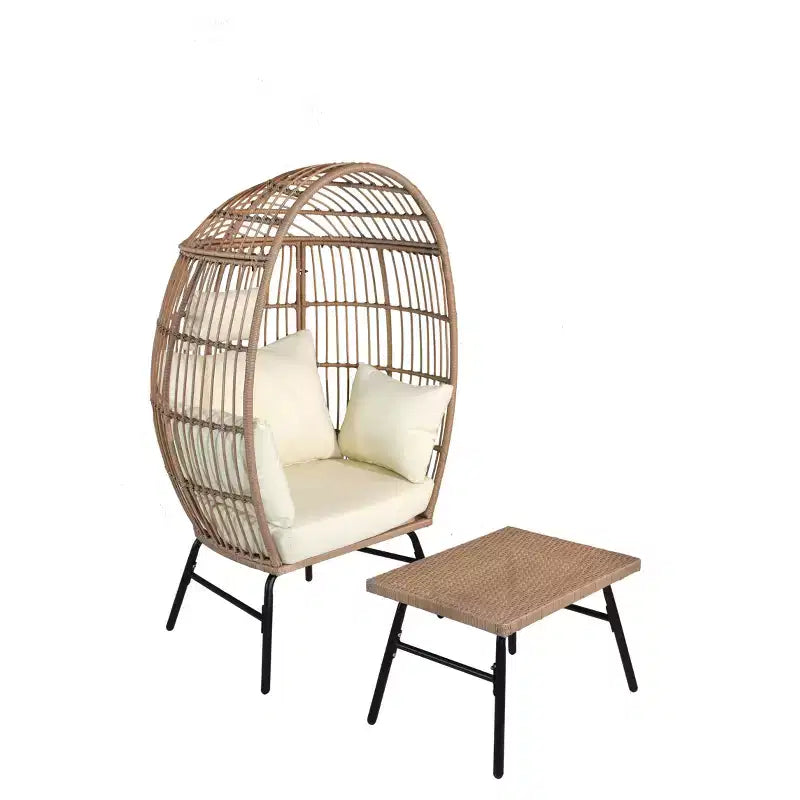 Outdoor Patio Wicker Egg Chair with Footstool 4W, Gray Blue/Beige -ModernLuxe