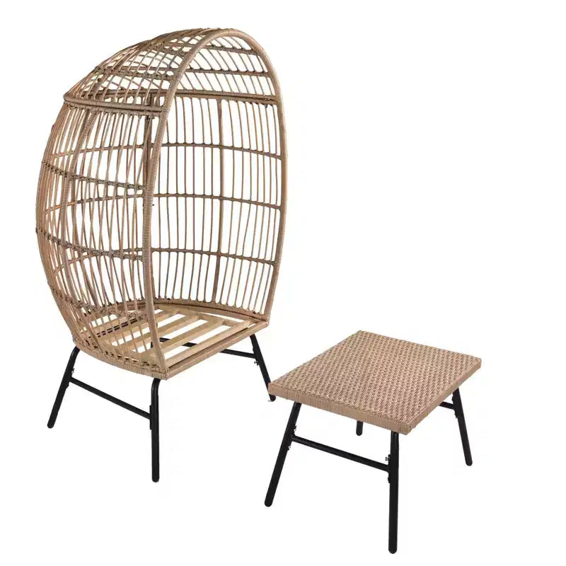 Outdoor Patio Wicker Egg Chair with Footstool 4W, Gray Blue/Beige -ModernLuxe