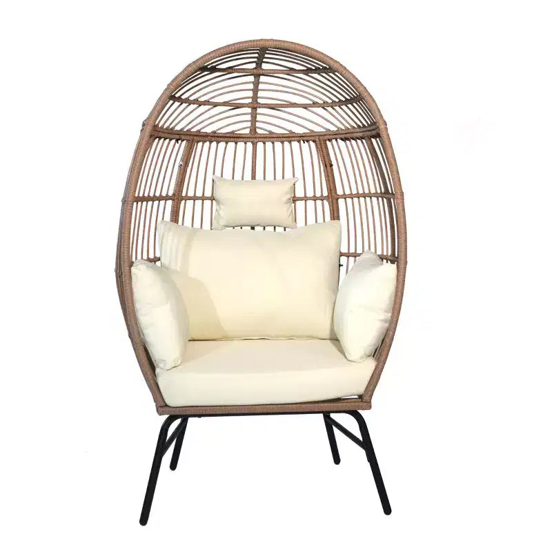 Outdoor Patio Wicker Egg Chair with Footstool 4W, Gray Blue/Beige -ModernLuxe