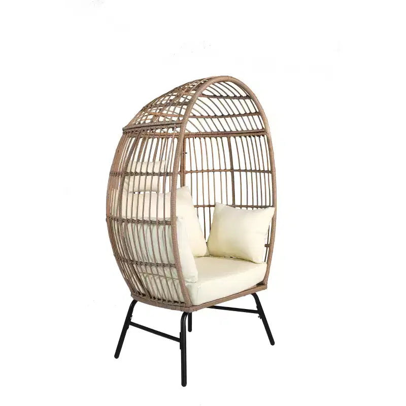 Outdoor Patio Wicker Egg Chair with Footstool 4W, Gray Blue/Beige -ModernLuxe